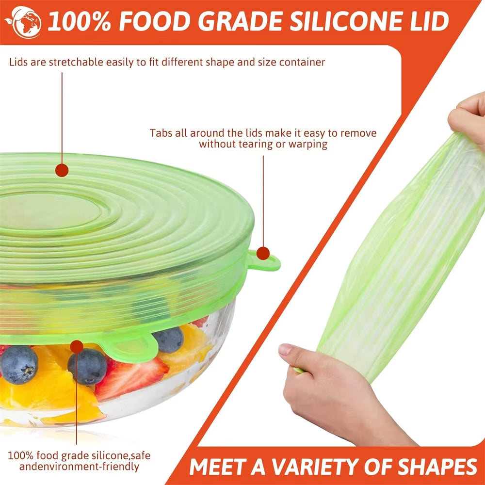 6Pcs Food Grade Silicone Preservation Cover Reusable Airtight Food Universal Dish Stretch round Lids for Kitchen Accessories