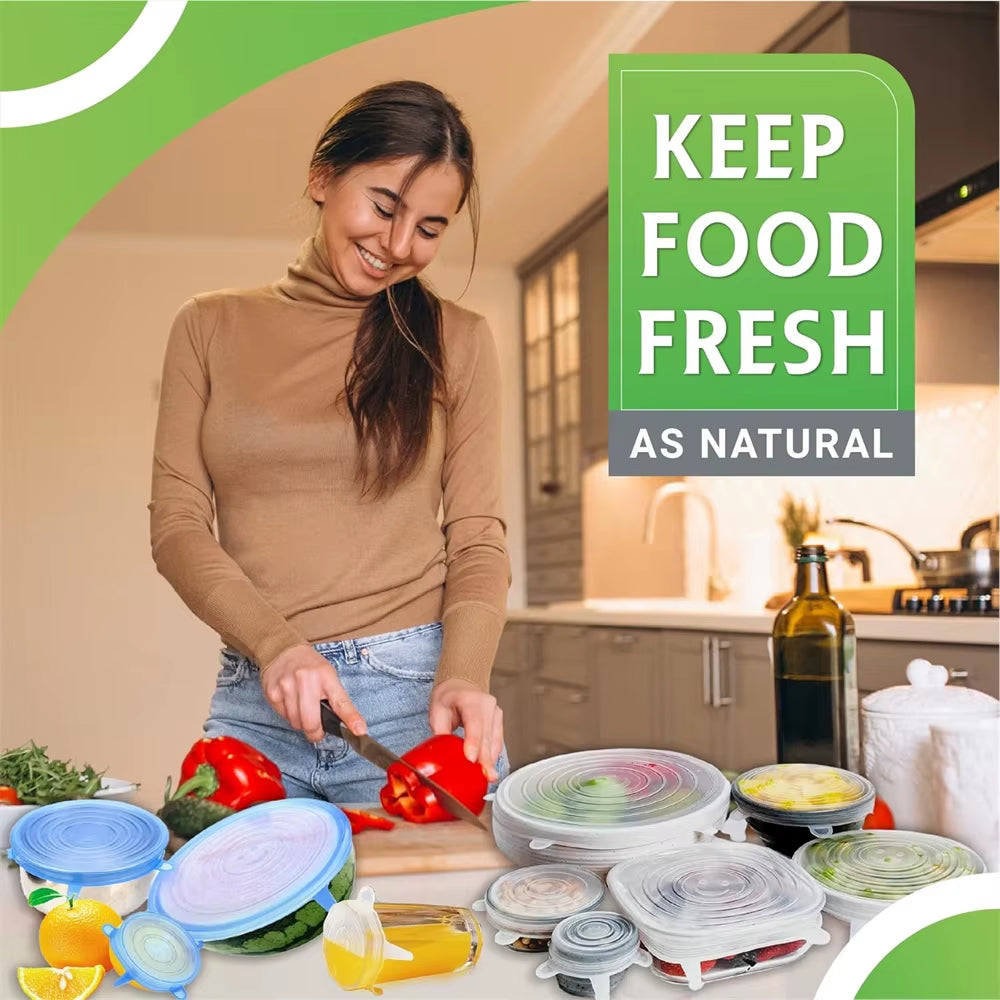 6Pcs Food Grade Silicone Preservation Cover Reusable Airtight Food Universal Dish Stretch round Lids for Kitchen Accessories